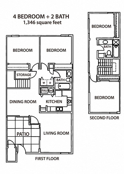 Floor plan for 4 beds, 2 baths, 1346 sqft
